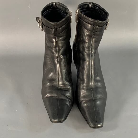 PRADA Size 7 Black Leather Kitten Heel Side Zipper Belted Ankle Boots - Picture 4 of 10